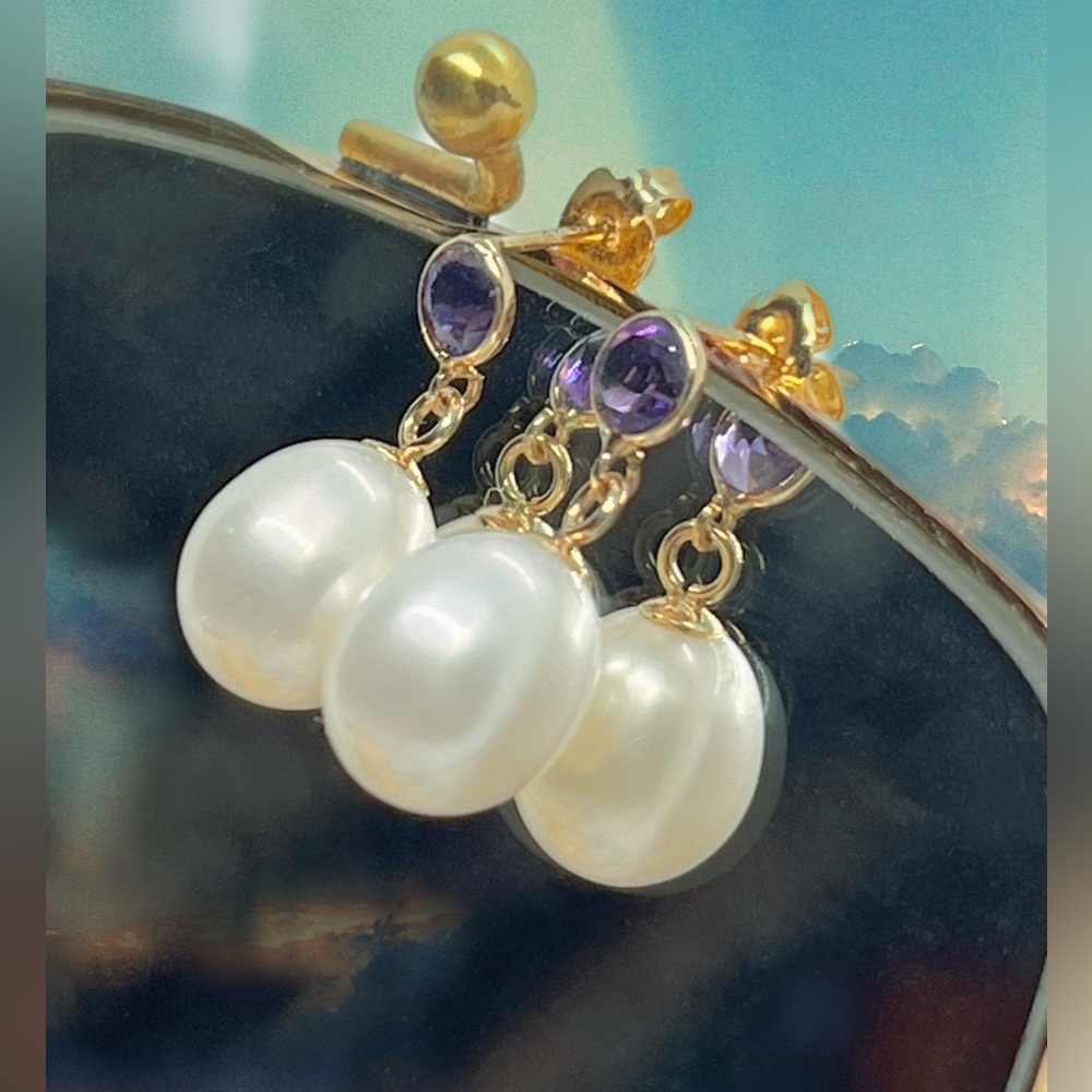 Freshwater Cultured Pearl Drop Earrings w/Natural Amethyst Accents - Picture 4 of 4